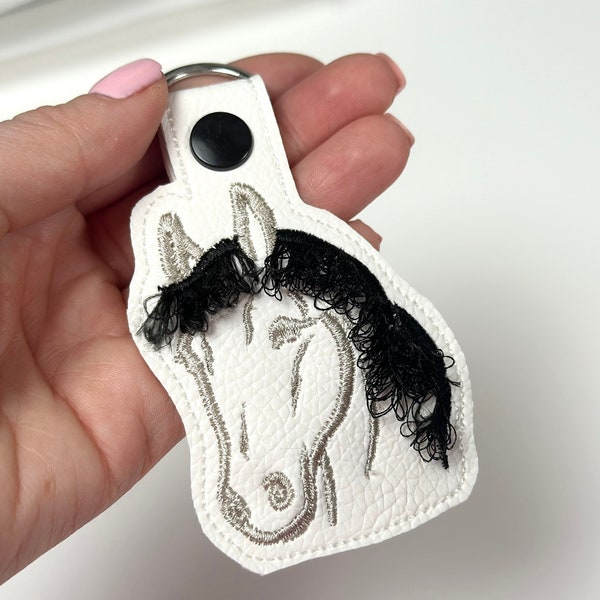 Fringed mane Horse keychain key fob snap tab in the hoop machine embroidery designs ITH project fluffy fuzzy Horse head animal gift idea