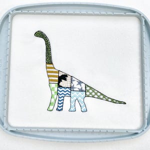 Patchwork Brachiosaurus dinosaur Jurassic animal silhouette patterned outline kids boys machine embroidery designs sizes 5 up to 8 inches