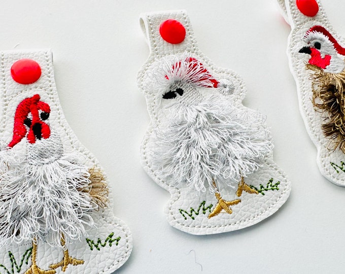 Fringed Fluffy Christmas Chicken Santa hat SET of 3 types Eyelet and key fob snap tab keychain in the hoop machine embroidery designs ITH