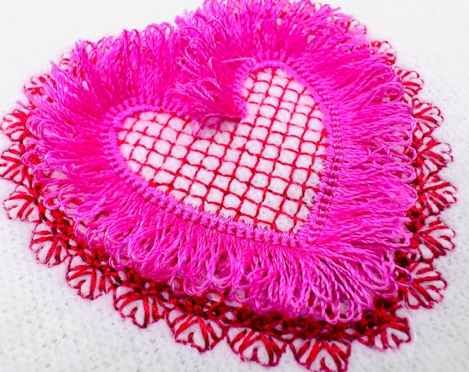 Lovely Lace Edge Fringed Valentine Heart chenille Heart shape fringe ITH kids baby girls machine embroidery designs sizes 1.5 up to 3 inch