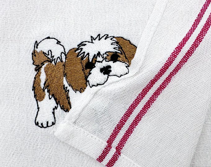 Lovely playing Shih Tzu Puppy Dog Mama kitchen dish towel pet animal kids machine embroidery designs ITH project simply in the hoop project