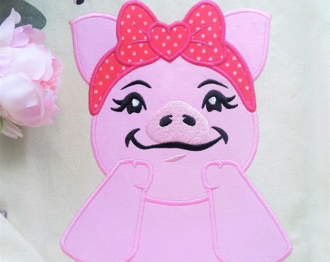 Adorable Mrs Piggy piggie pig with bandanna bow farm animal girl pig applique machine embroidery applique design in many sizes, cute piglet