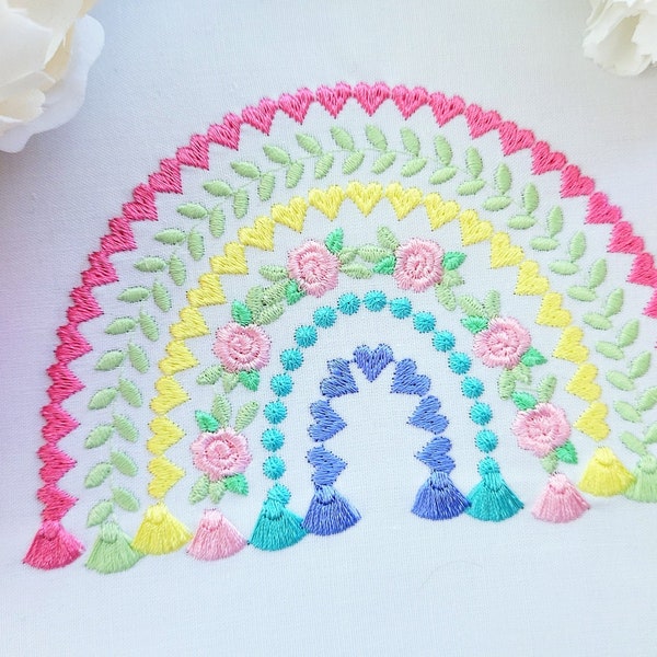 Boho rainbow patterned roses and tassels machine embroidery design assorted sizes heart leaf rose flower pearl delicate girly rainbow design