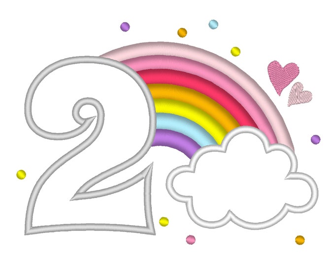 Cute Rainbow Birthday Number 2 TWO machine embroidery applique designs size 4, 5 and 6.5 inches, rainbow in clouds baby birthday number 2