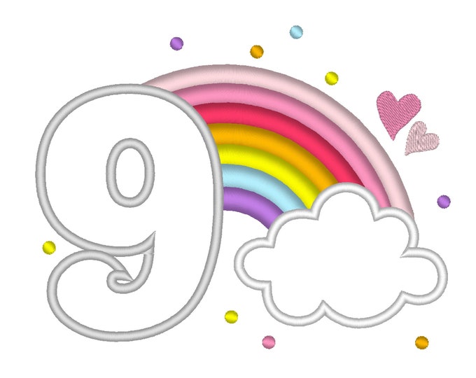 Cute Rainbow Birthday Number 9 NINE machine embroidery applique designs size 4, 5 and 6.5 inches, rainbow in clouds children party number 9