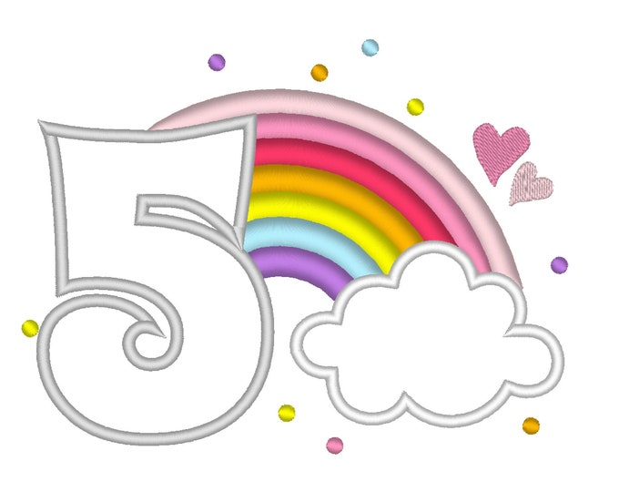 Cute Rainbow Birthday Number 5 FIVE machine embroidery applique designs size 4, 5 and 6.5 inches, rainbow in clouds kids party number 5