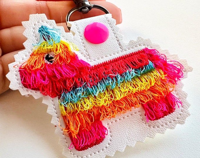 Pinata key fob snap tab and Eyelet fringed fluffy keychain in the hoop ITH machine embroidery designs Party celebration Piñata gift idea