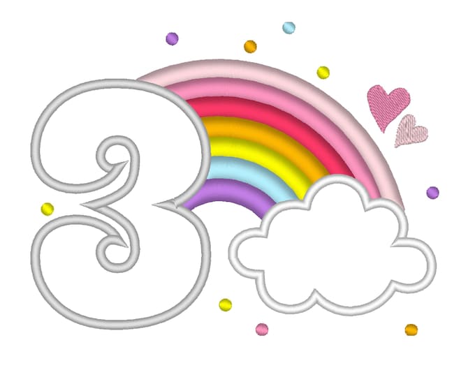 Cute Rainbow Birthday Number 3 THREE machine embroidery applique designs size 4, 5 and 6.5 inches, rainbow in clouds kids birthday number 3