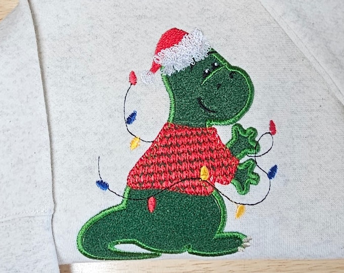 Little Dinosaur Christmas lights Fringed Santa hat knitted sweater cute Dino kids Applique machine embroidery designs for hoop 4x4 and 5x7