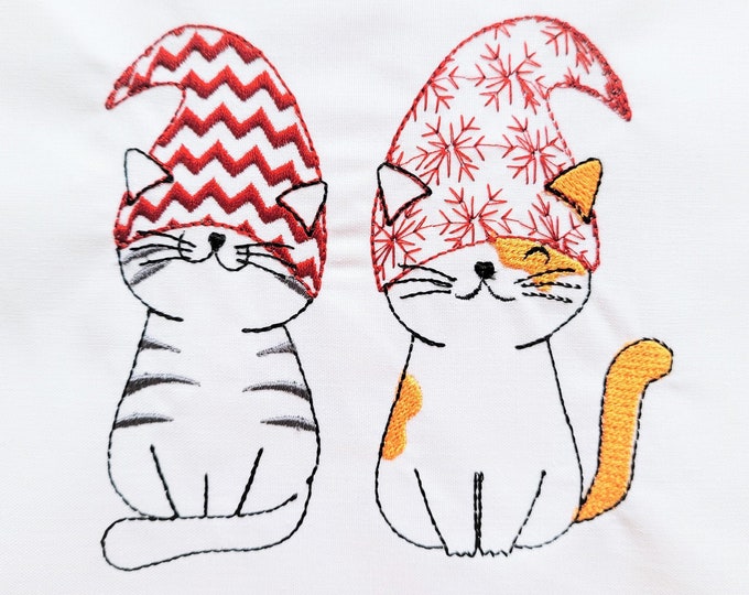Christmas Gnome Cats, two cat gnomes in a row, sketch light stitch hand drawing silhouette outline machine embroidery designs cute kitty cat
