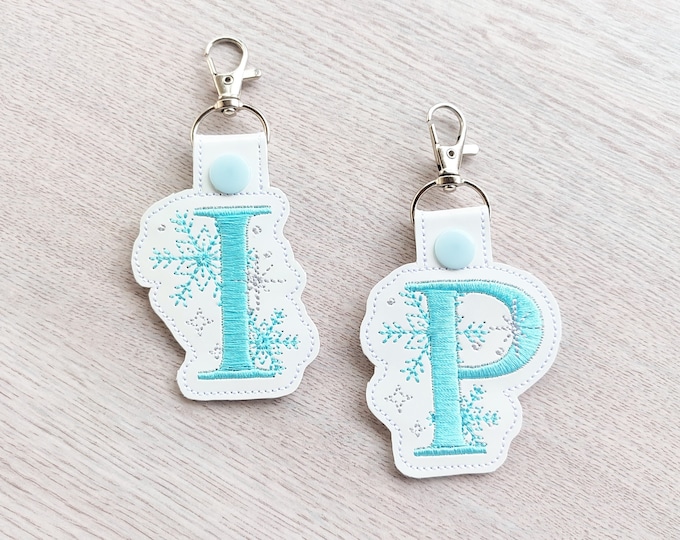 Snowflake key fob snap tab Christmas gift idea personalized keychain gift tag Monogram A-Z ITH in the hoop 4x4 machine embroidery designs