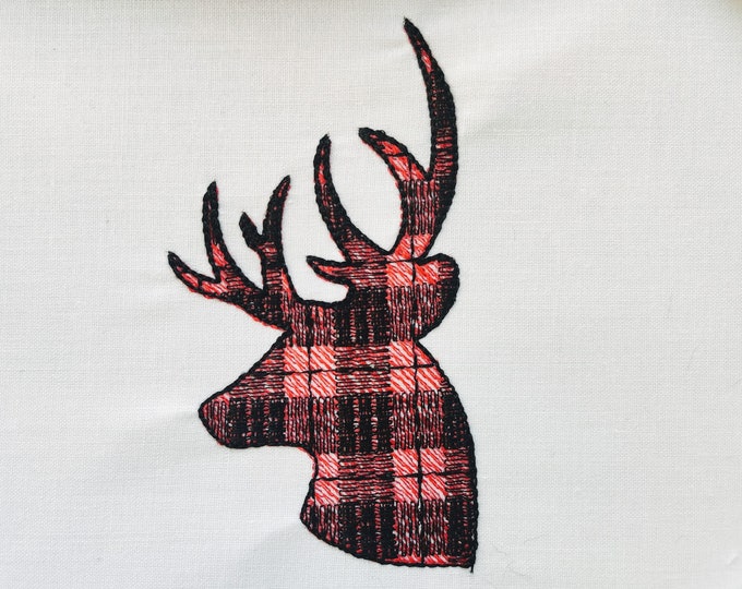 Plaid gingham print Buck Deer head silhouette antlers animal portrait, Machine embroidery designs size 2, 3, 4, 5, 6, 7 in INSTANT DOWNLOAD