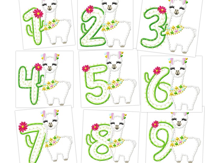 Llama alpaca and cactus Birthday Numbers set 1-9 Applique Designs lama number kids party resort machine embroidery applique designs 5x7 6x10