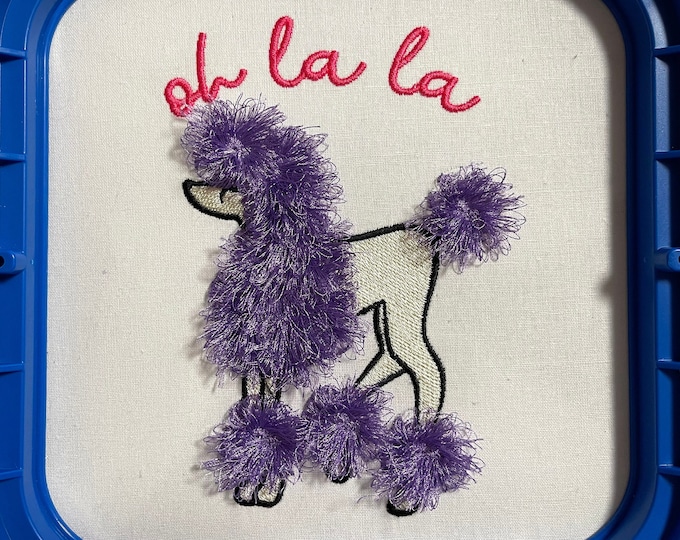 Oh la la Poodle Fluffy chenille poodle dog machine embroidery designs in midi sizes 5, 5 1/2 and 6 inches awesome fringe Poodle pet animal