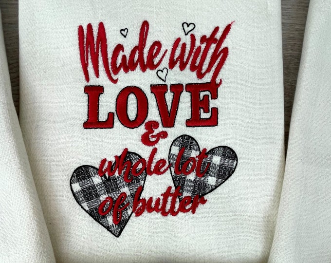 Made with love, kitchen towel embroidery, gingham buffalo plaid tartan machine embroidery designs valentine love sayings quotes heart design