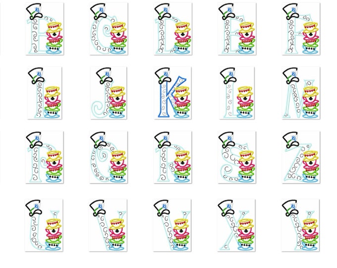 Mad hatter tea party entire alphabet A-Z Applique hat and stacked tea cup kids Wonderland monogram font machine embroidery designs hoop 5x7