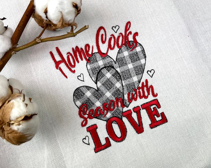 Home cooks season with love, kitchen towel embroidery, gingham buffalo plaid tartan machine embroidery designs valentine love sayings quotes