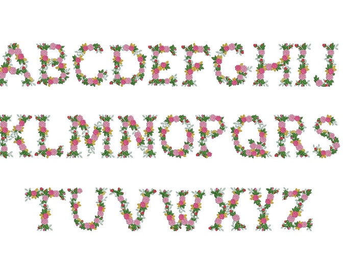Urban roses floral font alphabet garden flag monogram liberty fashioned flowers Font machine embroidery designs size 3, 4, 6, 7, 8in BX incl