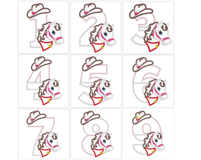 Farm Girl cowgirl number with horse Birthday numbers 1-9 machine embroidery applique designs cowgirl farm birthday outfit Girl Cowboy