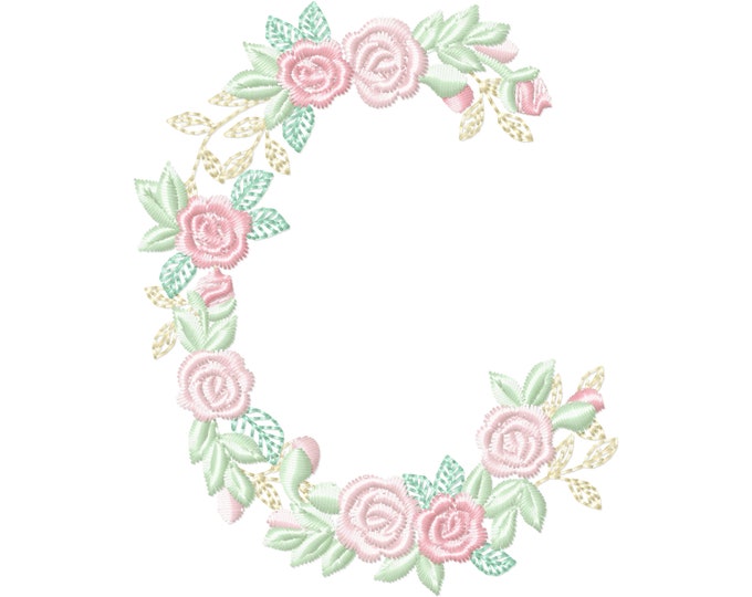 Delicate Roses Floral letter C garden flag monogram flowers flower flowered Font machine embroidery designs 3.5, 4, 5, 6, 7, 8 in