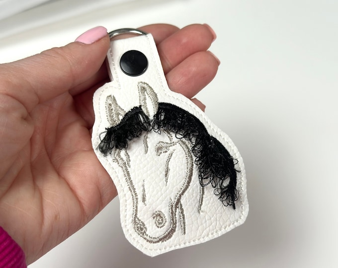 Fringed mane Horse keychain key fob snap tab in the hoop machine embroidery designs ITH project fluffy fuzzy Horse head animal gift idea