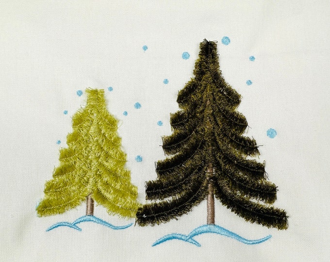 Fringed fluffy Christmas tree single tree with snow Woodland fringe ITH in the hoop cute spruce machine embroidery designs in assorted sizes