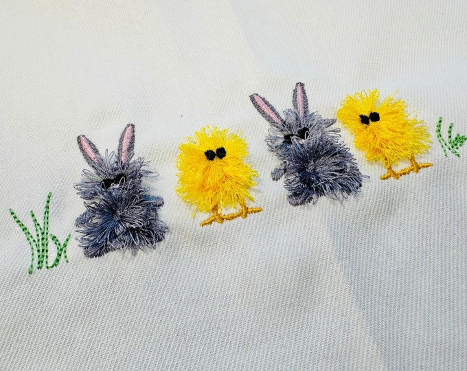 Fringed Easter Bunnies and Chicks 4 in a row Fringe in the hoop fuzzy fluffy Bunny and Chick Machine Embroidery designs kids romper design