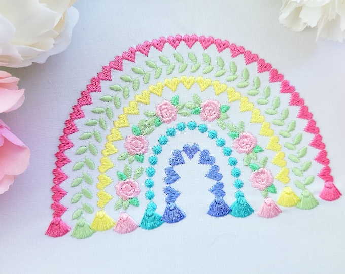 Boho rainbow patterned rose and tassels machine embroidery designs assorted sizes heart leaf rose flower pearl delicate girly rainbow design