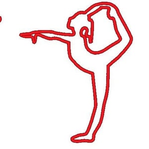 May include: Two red line drawings of people in different yoga poses. The person on the left is standing on their hands with their legs in the air. The person on the right is standing on one leg with their other leg bent behind them.