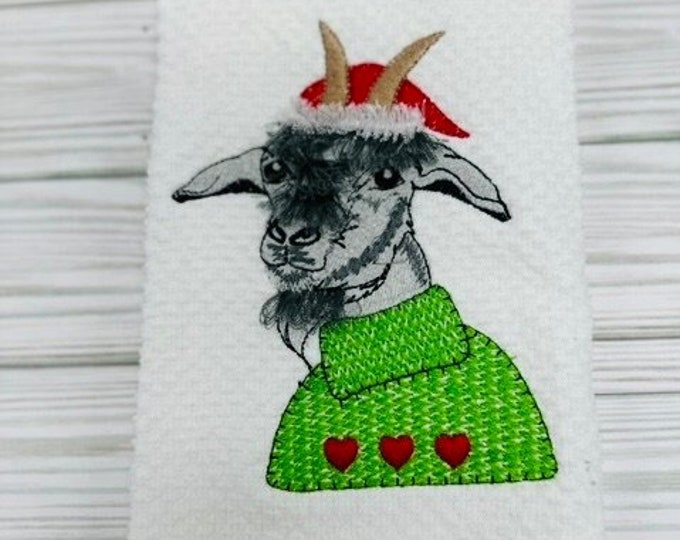 Fringed fluffy Christmas Goat fluffy hair goat farm animal machine embroidery designs fringe in the hoop ITH Goat with hair and Santa hat