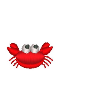 May include: A red cartoon crab with large, white eyes. The crab has small, black claws and a red body.