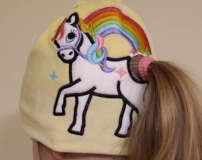 Rainbow unicorn pony tail in-the-hoop kids girl beanie outfit magic pretty horse ITH project machine embroidery designs hoop 4x4, 5x7, 6x10