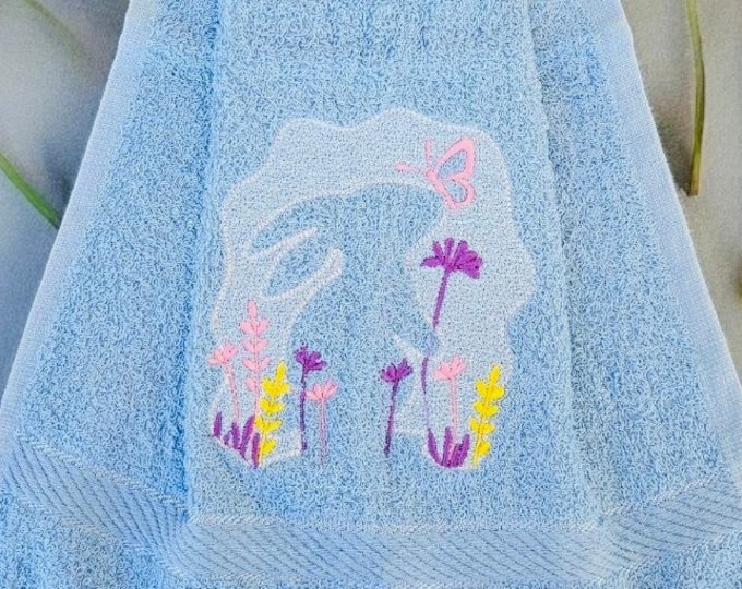 Embossed Bunny Embroidered Hand Towel machine embroidery designs 4x4  5x7 Easter gift idea Spring bunny embroidery designs for terry towel