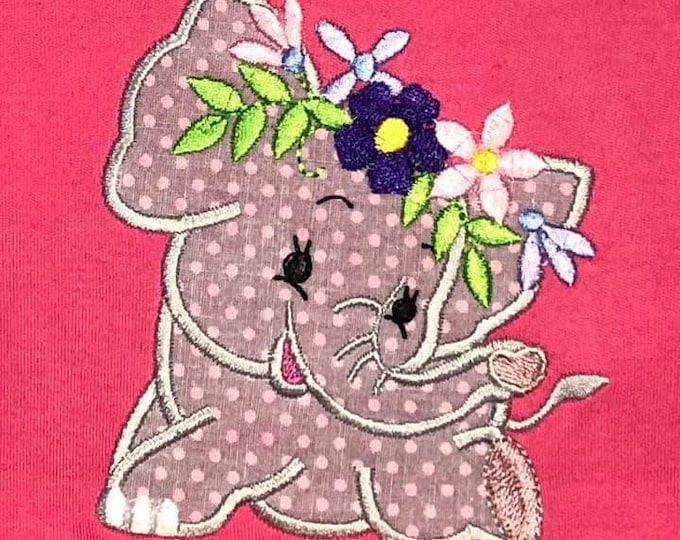Little Elephant with flowers crown, Floral crown elephant, 4 types  Machine Embroidery applique Designs, 3, 4,  5 Elephant applique