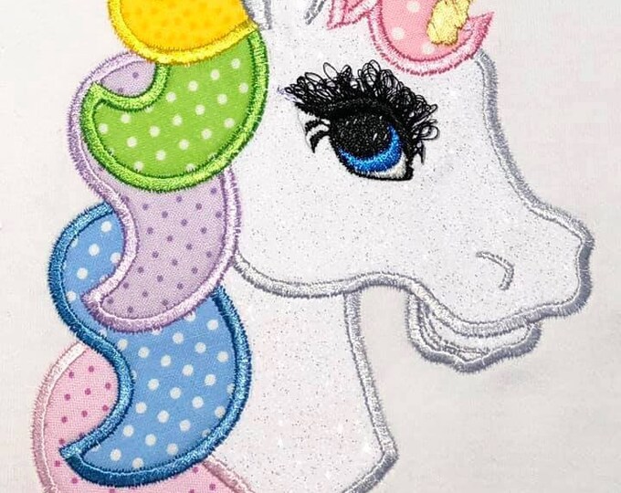 Pretty eyes Unicorn head fringed eyelashes Applique machine embroidery designs Rainbow Unicorn face kids girls design