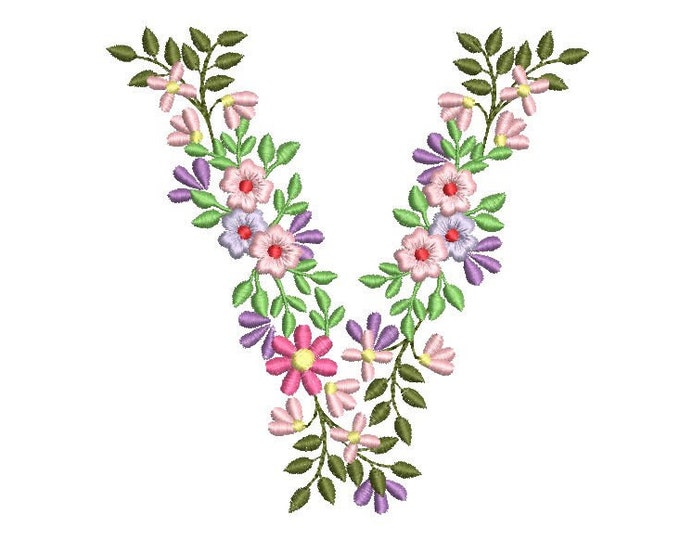 Country Floral letter V garden flag monogram flowers flower flowered Font machine embroidery designs monogram V only 3,5, 4, 5, 6, 7, 8 in