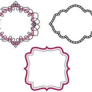 May include: Three decorative frames with different styles. The top left frame is pink and black with a swirling design. The top right frame is black with a dotted border and a rounded shape. The bottom frame is pink and gray with a dotted border and a square shape.