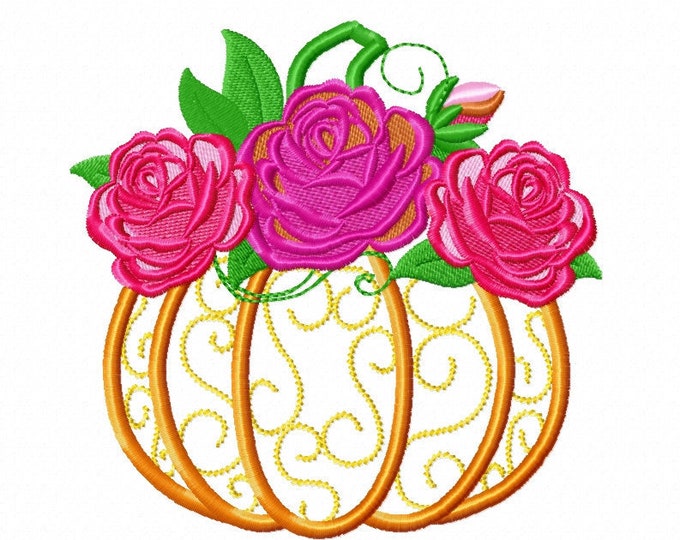 Autumn pumpkin with shabby chick roses flowers floral crown applique machine embroidery designs, Thanksgiving rose curl pumpkin applique