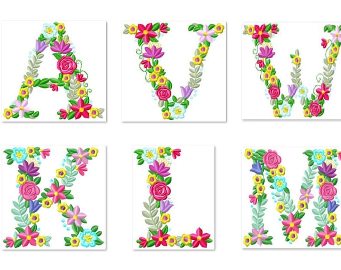 UPDATED! Floral whole entire alphabet garden flag monogram liberty fashioned flowers flower Font machine embroidery design 3.5 4 5 6 7″, BX