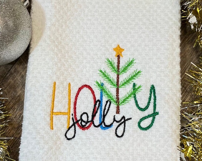 Holly Jolly saying Kitchen dish towel napkin quote saying Merry Christmas tree machine embroidery designs sizes for hoop 4x4 5x7 6x10