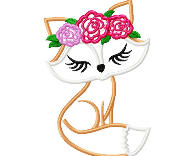 Pretty eyes Fox face with shabby chick roses crown applique machine embroidery designs applique Fox flowers embroidery fox head