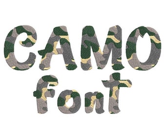 Alfabeto camuflado para bordado à máquina, letras de A a Z, números de 0 a 9, marcas especiais, tamanhos variados, fonte camuflada militar.