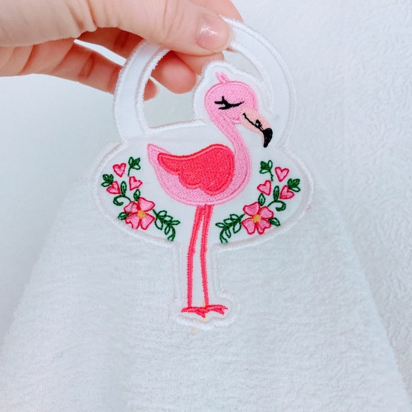 Little pretty flamingo with flowers and hearts towel hanging hole in the hoop ITH machine embroidery design, ITH project hoop 4x4, 5x7, 6x10