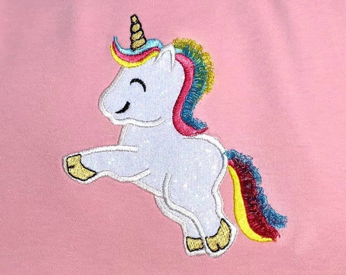 Rainbow unicorn fringed hair and tail unicorn applique happy magic adorable horse pony baby kids ITH in the hoop machine embroidery designs