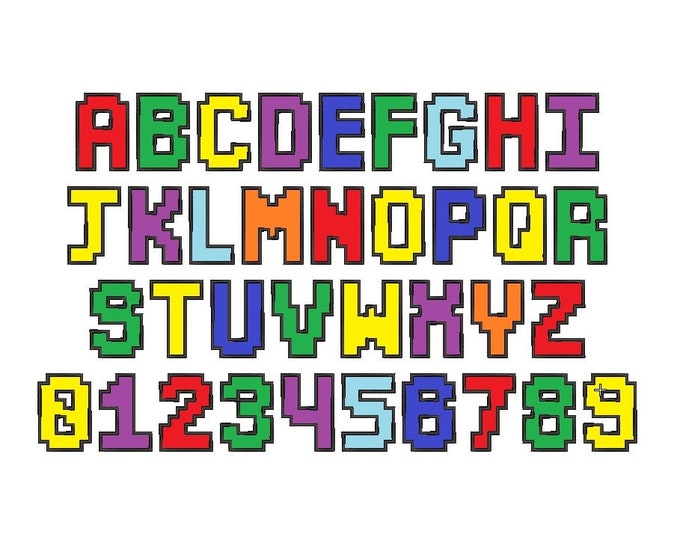 Gamer block font letters A-Z whole alphabet and numbers 0-9 Crewmate kids fun pixel font machine embroidery applique designs, BX included