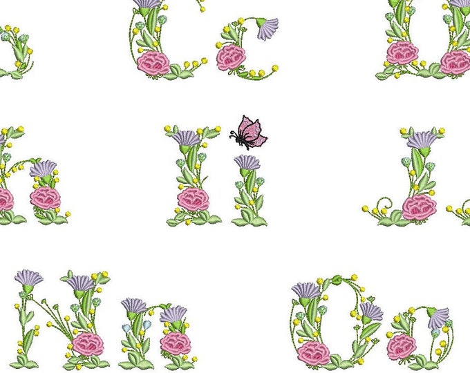 Meadow flowers font with uppercase and lower case letters, monogram floral Font machine embroidery designs, BX included INSSTANT DOWNLOAD