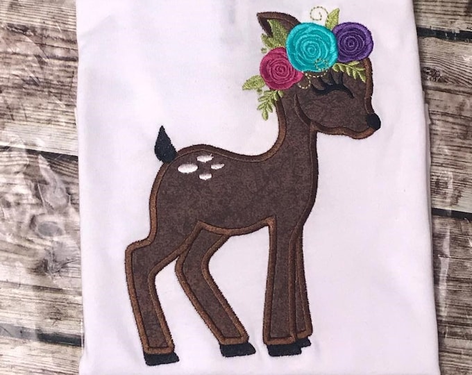 Little Baby deer Fawn with flowers floral crown roses Applique Design Baby Deer machine embroidery applique designs 4x4 5x7 6x10