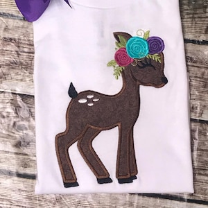 Little Baby deer Fawn with flowers floral crown roses Applique Design Baby Deer machine embroidery applique designs 4x4 5x7 6x10