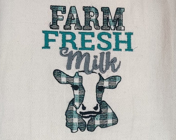 Farm fresh milk - kitchen towel Primitive Farm to table cow milk plaid gingham tartan dish kitchen towel quote machine embroidery designs