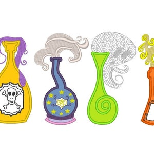 May include: Four different glass bottles with various colored liquids and decorative details. The bottles are filled with purple, blue, green, and orange liquids. The bottles have a skull and crossbones, stars, a swirl, and a triangle design.